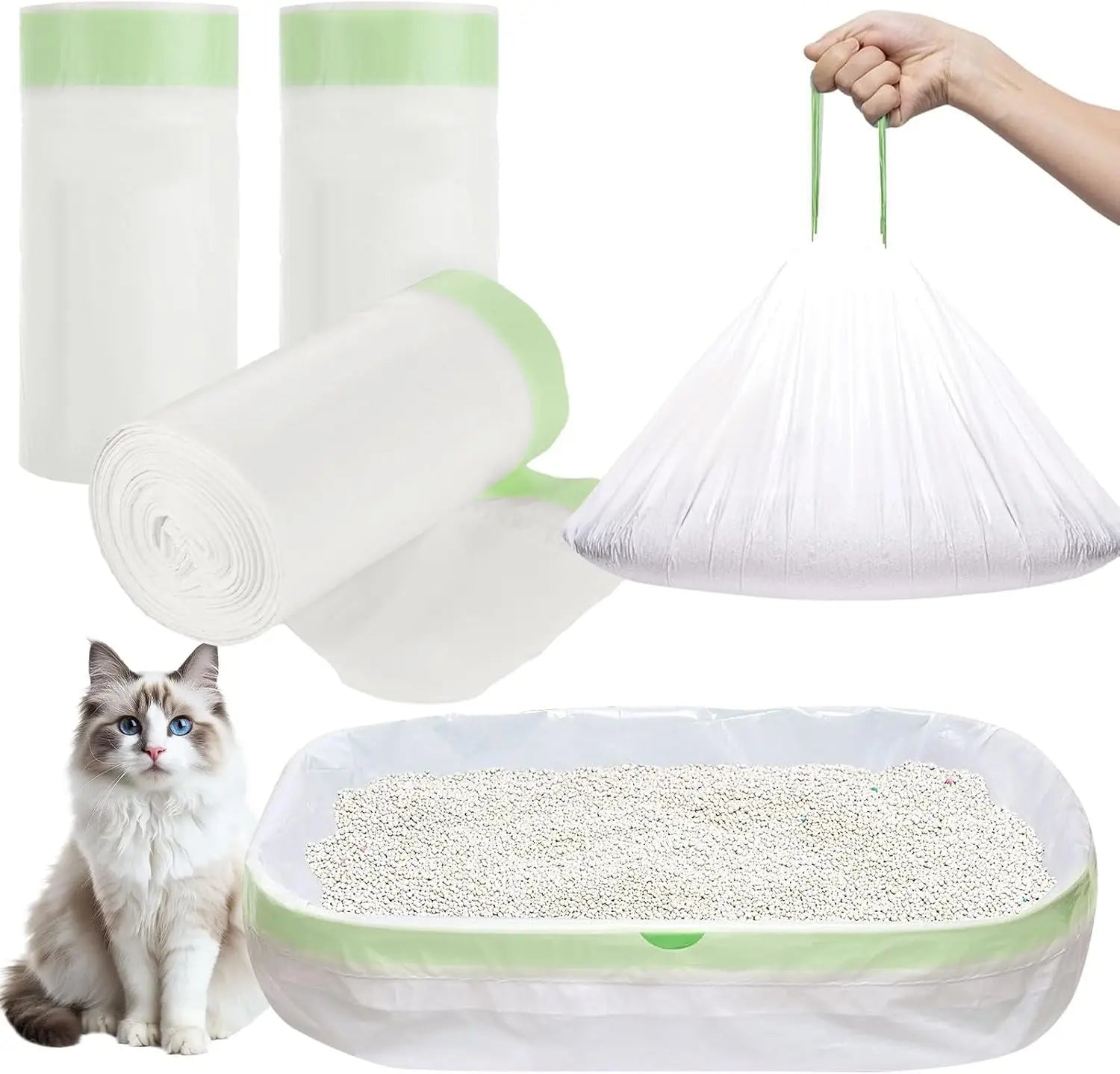 Heavy Duty Extra Thick Litter Pan Liners,Jumbo Drawstring Cat Litter Bags,Large Litter Box Liners 37x18inch 1/2/5 Rolls