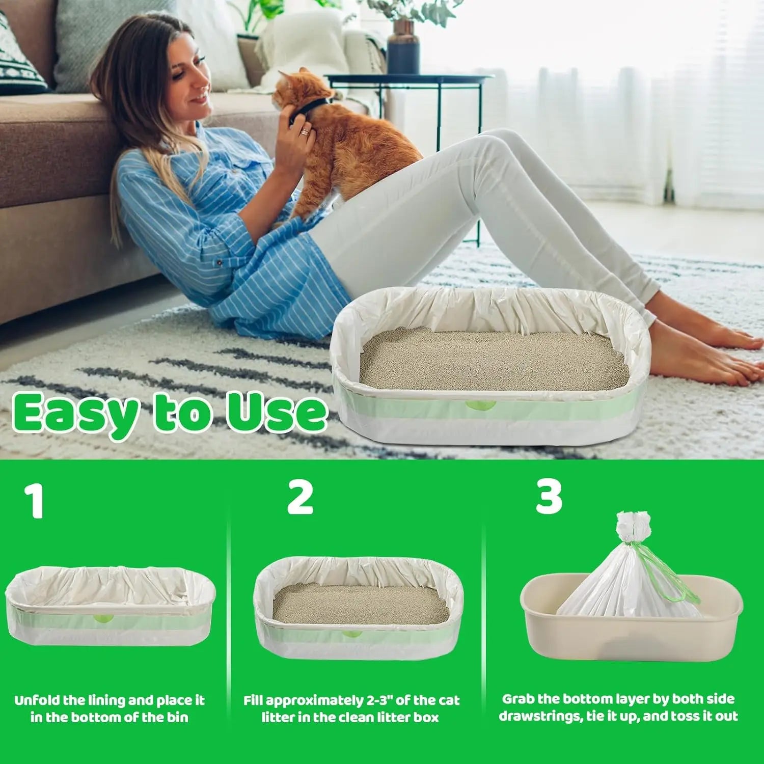 Heavy Duty Extra Thick Litter Pan Liners,Jumbo Drawstring Cat Litter Bags,Large Litter Box Liners 37x18inch 1/2/5 Rolls